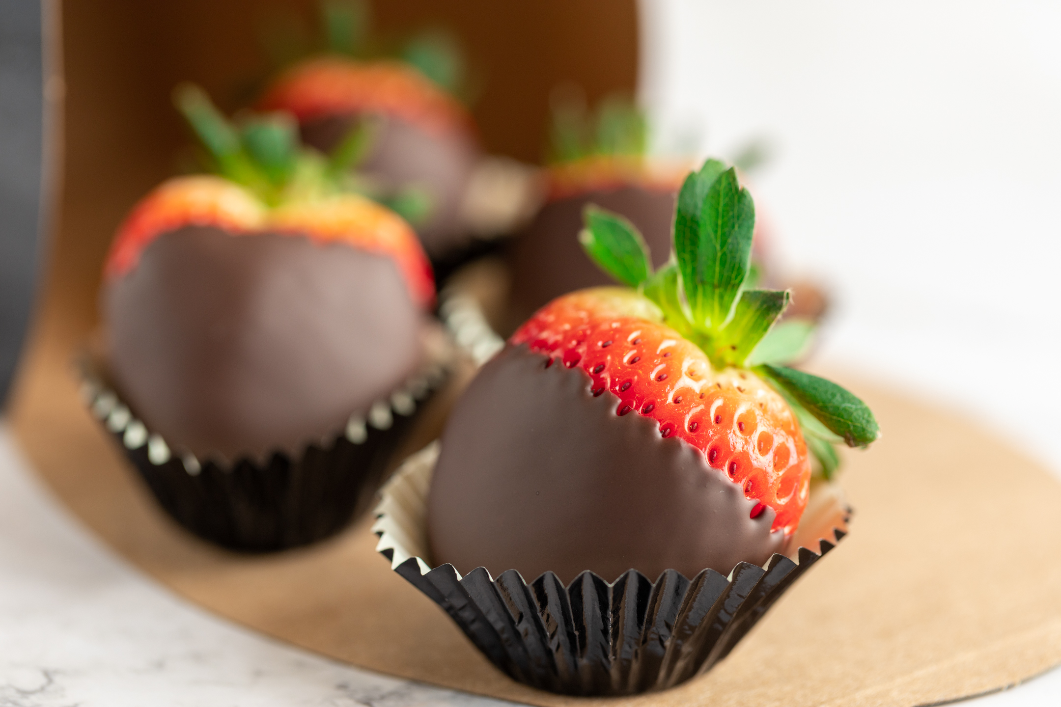 Belgian Couverture Chocolate Strawberries with smooth glossy dark chocolate finish