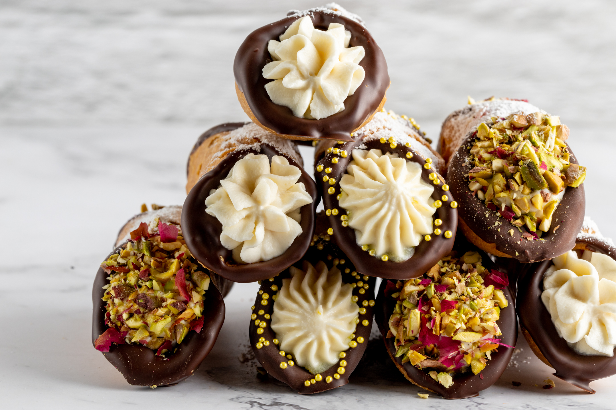 Luxe Belgian Chocolate-Dipped Sicilian Cannoli by Sucré — 4-inch cannoli with fair-trade couverture chocolate and ricotta filling