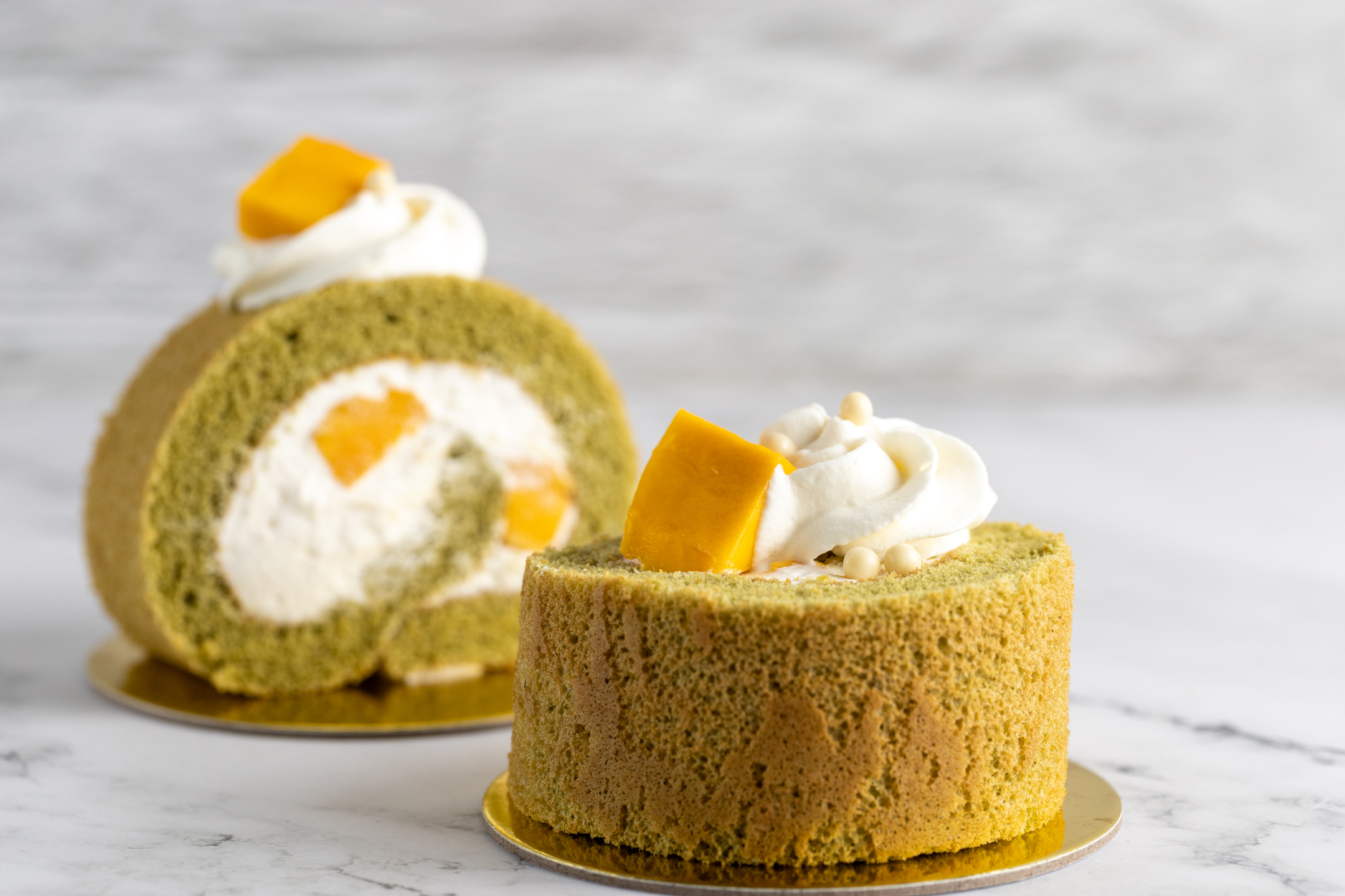 Mango Matcha Swiss Roll individual portion plated for dessert table