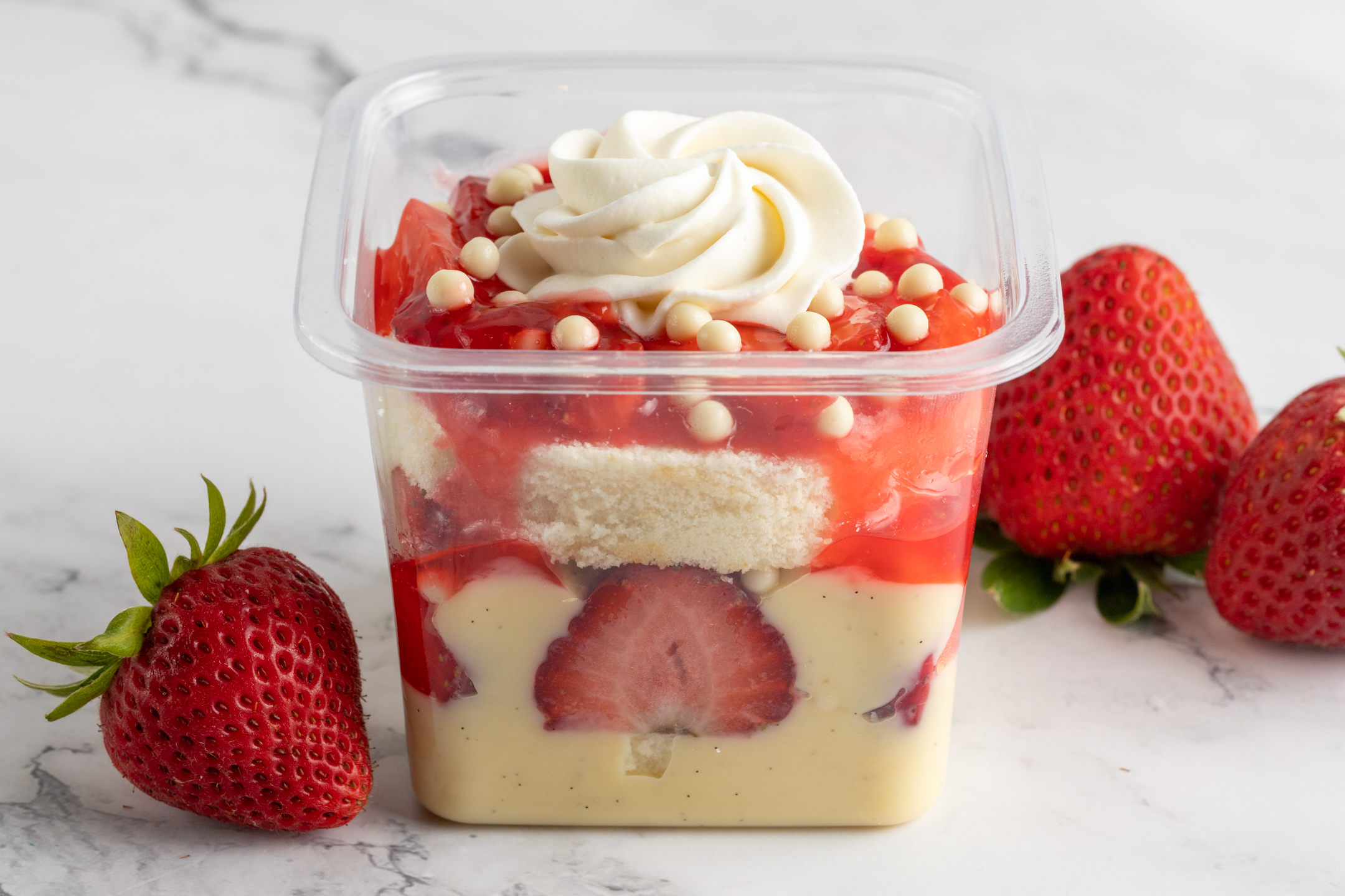 Fraisier individual strawberry cake by Sucré — White Velvet sponge with vanilla bean crème pâtissière and fresh strawberries