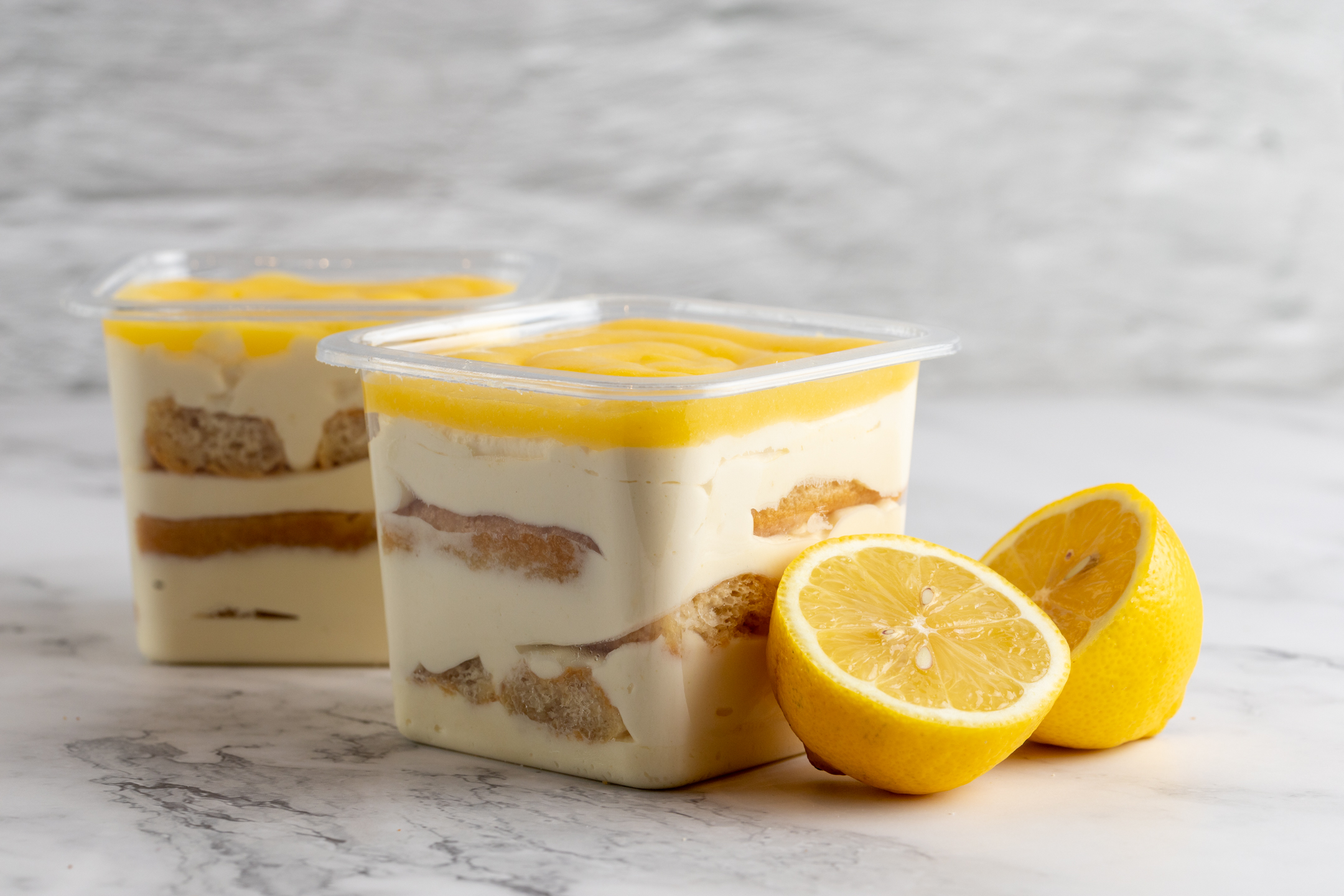 Lemon Luxe Tiramisu top view showing lemon curd layer and lemon zest finish